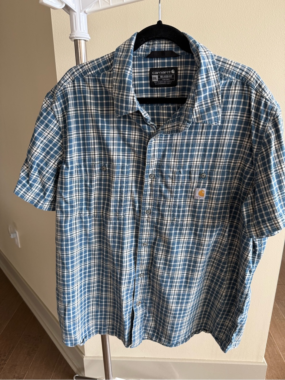 Carhartt Men's Blue and White Plaid Short Sleeve Button-Down Shirt